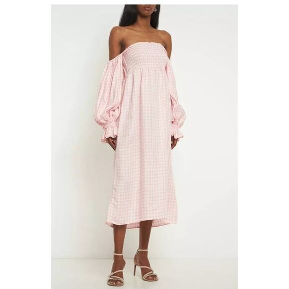 Sleeper Pink Gingham Off-Shoulder Midi Dress - Picture 4 of 11